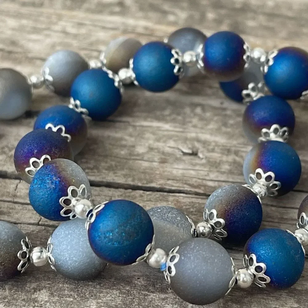 Druzy Peacock Aura Agate Crystal 10mm NEW blue purple white gold bracelet ONE st